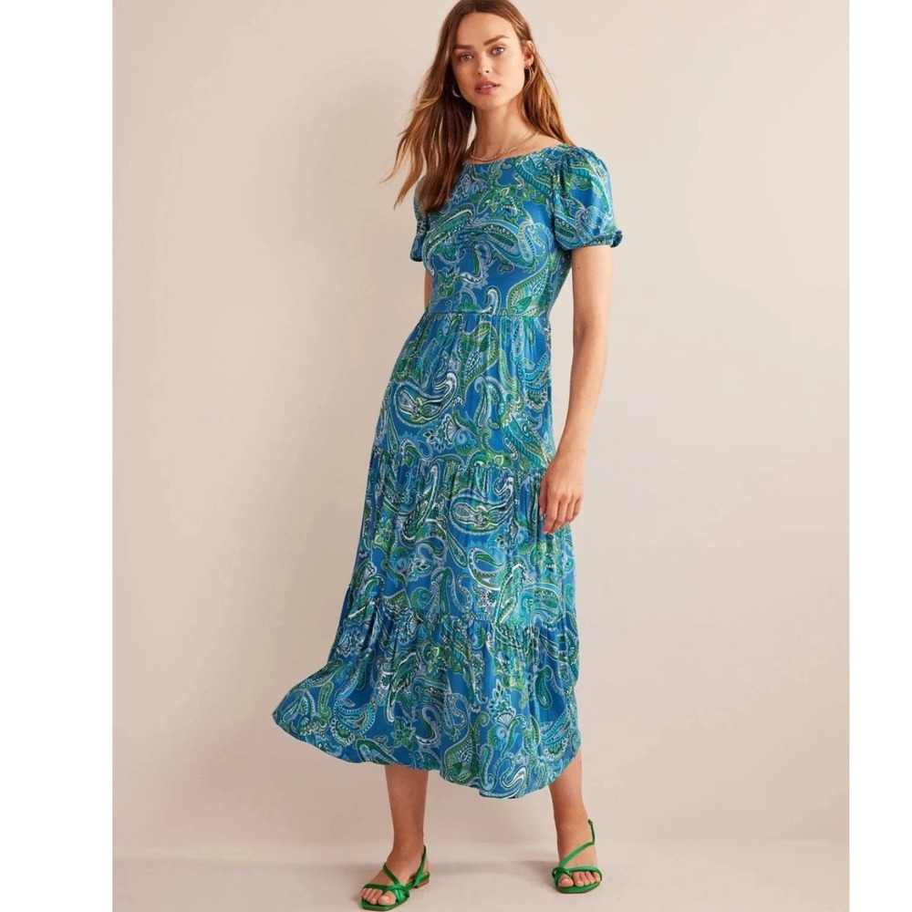 Boden Cutout-Back Jersey Maxi Dress Aegean Blue Paisley Print Pockets 8R NEW